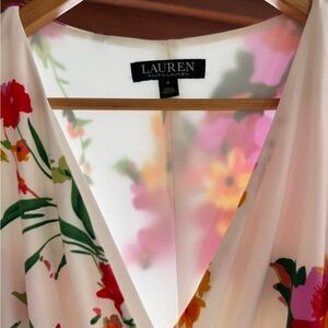 Lauren Ralph Lauren Cream Floral V-Neck Dress with Pink & Green Accents